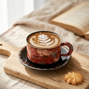 Peut inclure: Une tasse à café et une soucoupe en céramique rouge et noire avec un latte orné d'un motif de feuille. La tasse est posée sur une planche à découper en bois avec un biscuit. Un tissu en lin et un livre ouvert sont en arrière-plan.