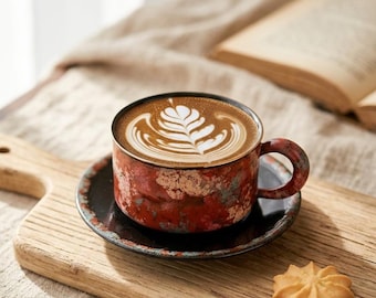 Red Ceramic Cup and Saucer Set - Handmade Oxblood Tea Cup with Plate - Unique Pottery Gift for Coffee Lovers