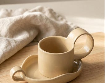 Handcrafted Chunky Handle Mug and Saucer Set, Modern Minimalist Stoneware Coffee Cup, Home Cafe Aesthetic Ceramic Mug,Large Pottery Gift Set