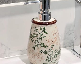 Refillable Ceramic Soap Dispenser – Pink floral bottle with pump, Flower Pattern Lotion Dispenser for Bathroom, Farmhouse Kitchen Decor