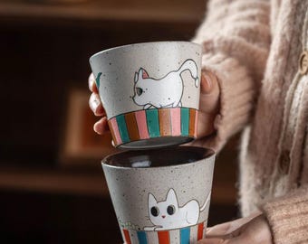 Hand Painted Cat Mug with Colorful Stripes, Handleless coffee cup, Kawaii Pottery , Unique Cat Lover Gift