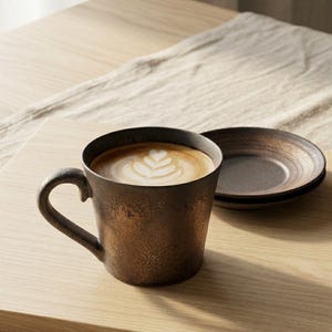 May include: A brown ceramic coffee mug with a handle, filled with coffee and topped with a white latte art design. A matching saucer sits beside the mug on a wooden surface. The mug and saucer have a rustic, textured appearance.
