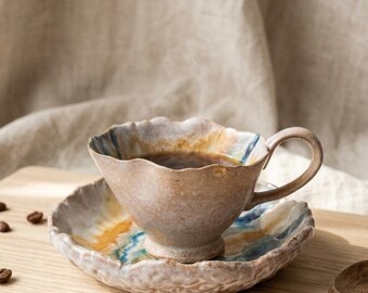 Handcrafted Impressionist Ceramic Coffee Cup and Saucer Set, Unique Oil Painting Style Wavy Mug,Ceramic Color Palette Mug Set,Art Lover Gift