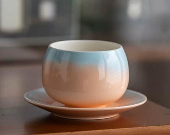 Ceramic Mug with Saucer, Blue to Orange Ombre Gradient Glaze, Handleless Round Coffee Cup, 8 oz Small Latte Set, Gift for Her/Kitchen Decor