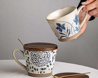 Hand-Painted Floral & Botanical Ceramic Mug, Unique Artisan Flower Tea Cup, Luxury Cottagecore Underglaze Mug with Lid, Nature Lover Gift
