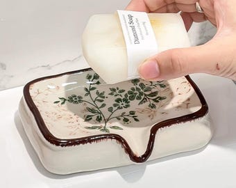 Ceramic Soap Dish with Floral Print – Botanical Soap Holder for Bathroom, Vintage Country Catchall Tray, Cottagecore Bathroom Decor