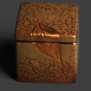 Puede incluir: Caja de baratijas cuadrada de cerámica con tapa. La caja es de color marrón terroso moteado con una superficie texturizada. Un diseño de hoja estilizado está tallado en la parte delantera. Mide aproximadamente 8 cm x 8 cm y sirve para guardar objetos pequeños.