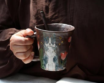 Handmade Dog Pottery Mug, Hand-pinched Ceramic Coffee Cup with Floral Art, Unique Pet Lover Gift, Hand Painted 13.5oz Large Mug for Tea