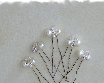 Pearl Hair Pins, Bridal Hair Pins, Swarovski Crystal Pearl Wedding Hair Pins, Rhinestone Pearl Wedding Hair Piece, Set of 3, 5, 7 No. 1010