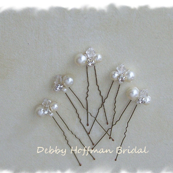 Pearl Hair Pins, Bridal Hair Pins, Swarovski Crystal Pearl Wedding Hair Pins, Rhinestone Pearl Wedding Hair Piece, Set of 3, 5, 7 No. 1010