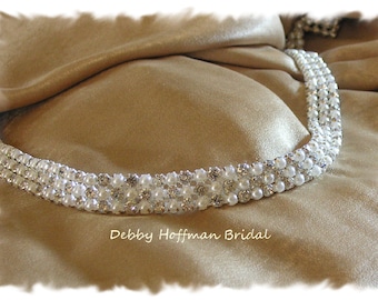 Pearl Rhinestone Bridal Headband, Crystal Pearl Wedding Headband, Bridal Head Piece, Pearl Headpiece, Ribbon Headband, No. 4090HB, SALE