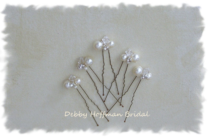 Pearl Hair Pins, Bridal Hair Pins, Swarovski Crystal Pearl Wedding Hair Pins, Rhinestone Pearl Wedding Hair Piece, Set of 3, 5, 7 No. 1010 image 1