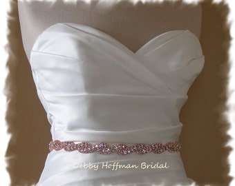 Rose Gold Bridal Sash, 18 Inch Jeweled Rose Gold Wedding Dress Sash, Rose Gold Crystal Wedding Belt, Rose Gold Bridal Belt, No. 5050RGS-18