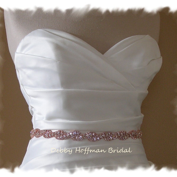 Rose Gold Bridal Sash, 18 Inch Jeweled Rose Gold Wedding Dress Sash, Rose Gold Crystal Wedding Belt, Rose Gold Bridal Belt, No. 5050RGS-18