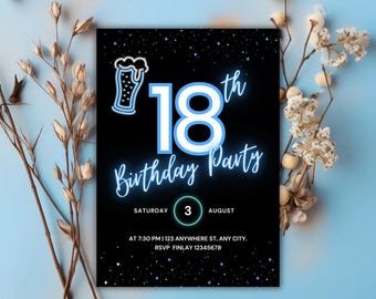 Neon Blue 18th Birthday Invitation: Editable Glow Party Template (Digital Download)