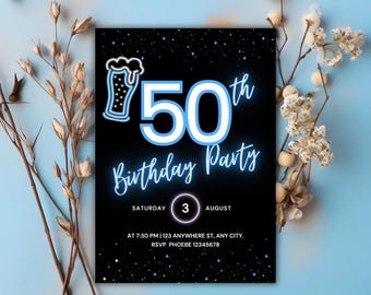 Invitación azul neón para 50 cumpleaños: Plantilla editable para fiesta luminosa (descarga digital)