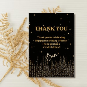 Thank You Card Black Gold Stars | Digital Editable Template | Canva Invite