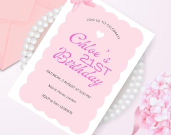 Invitation, Pink Bow Coquette 21st Birthday, Editable Canva Printable Template
