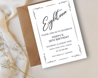 Invitation, 18th Birthday, Black and White Editable Canva Template, Digital Download