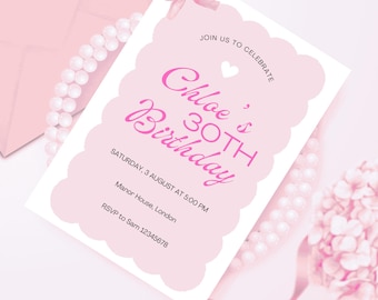 Invitation, Pink Bow 30th Birthday, Coquette Editable Canva Template