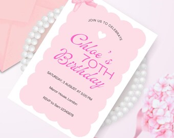Invitation, 70th Birthday Pink Bow Coquette, Editable Canva Template