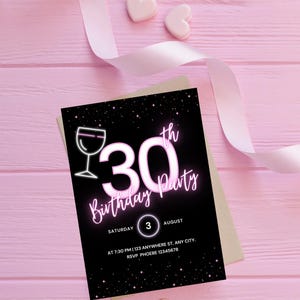 Faire-part 30e anniversaire rose fluo : fête luminescente, modèle de toile modifiable (téléchargement numérique)
