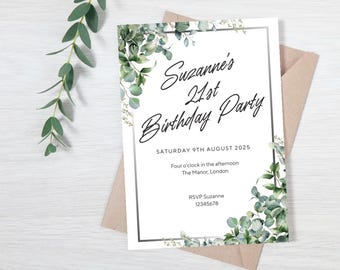 Invitation, Eucalyptus 21st Birthday, Printable Canva Template, Greenery