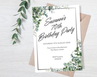 Invitation, 70th Birthday Eucalyptus Greenery Canva Template, Printable
