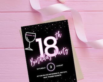Neon Pink 18th Birthday Party Invitation | Digital Download | Editable Canva Template | Glow Party Invite