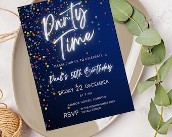 Invitation, 50th Birthday Editable Navy Confetti, Canva Printable Template