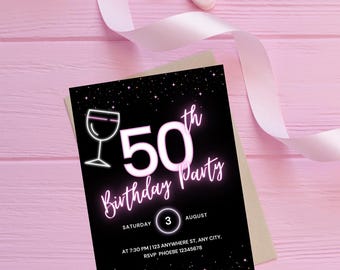 Invitación para cumpleaños número 50 en rosa neón, plantilla editable de Canva.