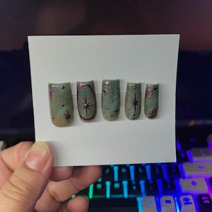Unhas postiças estilo olho de gato, estilo estrela, com estampa de estrelas, quadradas, cromadas, com isolamento, céu noturno, cola para unhas. Nome: Stellar Galaxy
