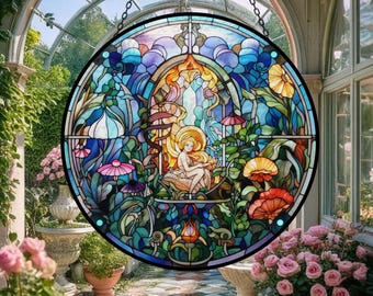 Elfen Mädchen Glasmalerei Sonnenfänger, Magisches Thema Fenster Garten Dekoration, Märchen Wunderland Andenken, Golden Haariges Waldelfen Geschenk