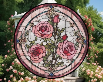 Vitral com rosas cor-de-rosa, decoração floral para janela ou jardim, lembrança com estética romântica francesa, presente para amantes de flores.