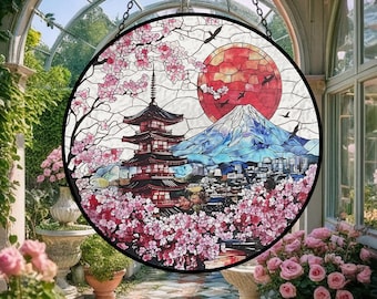 Vitral de flor de cerejeira japonesa, decoração de janela para jardim com o Monte Fuji, lembrança da paisagem de Tóquio, pagode japonês de sakura