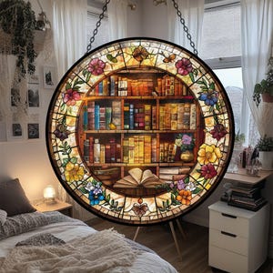 May include: A round stained glass window featuring a bookshelf design. The window is framed with a black border and adorned with colorful flowers. The bookshelf is filled with books of various sizes and colors, creating a cozy, inviting scene.