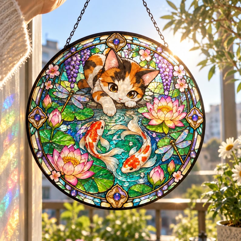 Loading Gift Window Personalized Calico Cat and Koi Fish Stained Glass Suncatcher, Lotus ...