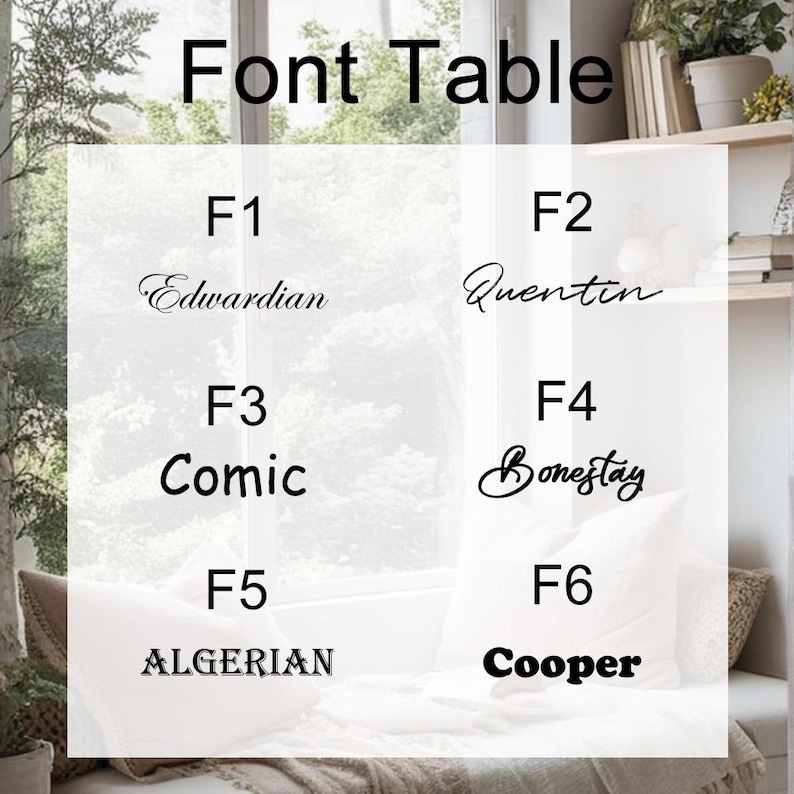 Pode incluir: Uma "Tabela de Fontes" em um fundo branco apresenta seis estilos de fonte: Edwardian, Quentin, Comic, Bonestay, Algerian e Cooper. Cada fonte &eacute; rotulada com um "F" seguido por um n&uacute;mero. A imagem &eacute; definida contra uma janela.