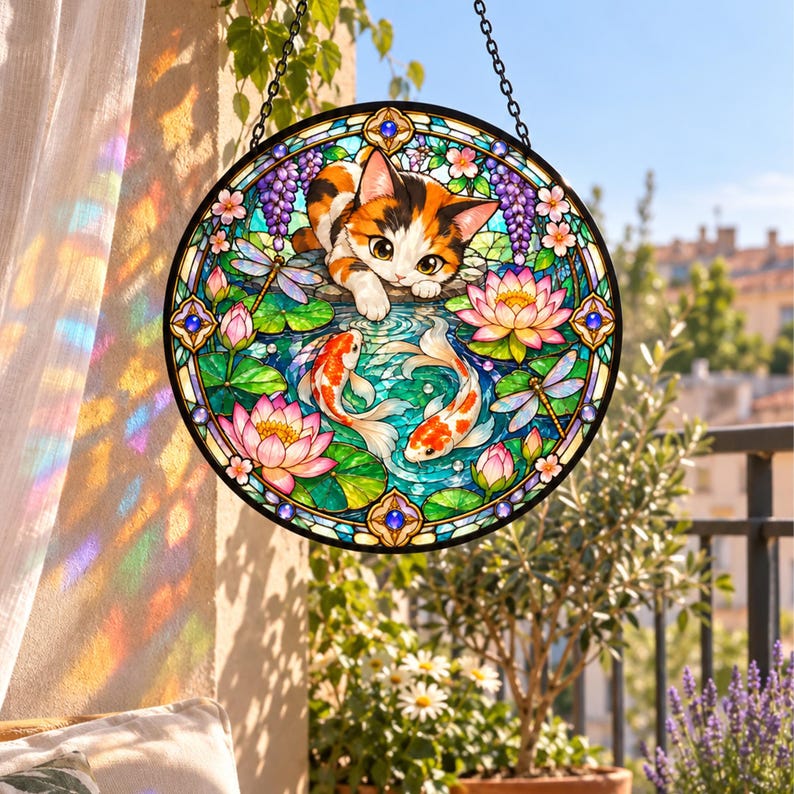 Loading Gift Window Personalized Calico Cat and Koi Fish Stained Glass Suncatcher, Lotus ...