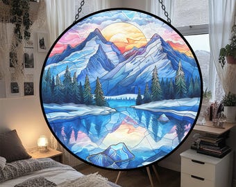 Snowy Mountain Stained Glass Suncatcher, Lakeside Elemets Window Garden Decoration, Nature Theme Keepsake, Lake And Sunset Hanging Gift