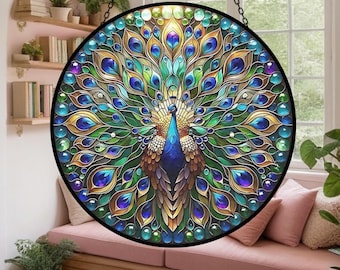 Vitral com estampa de pavão, decoração de janela ou jardim com tema de pavão, lembrança em estilo ornamentado, presente para amantes de animais.