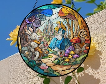 Apanhador de Sol de Vidro Alice no País das Maravilhas, Decoração Mágica de Arte Fantástica para Janela ou Jardim, Lembrança de Conto de Fadas, Presente Clássico para Pendurar para Crianças