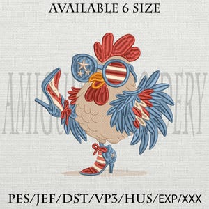 Patriotic Chicken Embroidery Design, USA Rooster with Heels Embroidery File, Funny 4th of July Animal Stitch Pattern