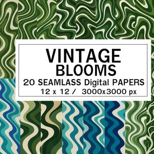 Vintage Blooms – 20 carte digitali senza soluzione di continuità con onde verdi e acquamarina retrò / 12x12" / 3000x3000 px / JPG