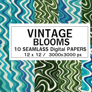 Vintage Blooms – 10 carte digitali senza soluzione di continuità con onde retrò color acquamarina e verde / 12x12" / 3000x3000 px / JPG