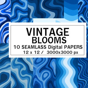 Vintage Blooms – 10 carte digitali senza soluzione di continuità con effetto onda retrò blu intenso / 12x12" / 3000x3000 px / JPG