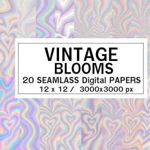 Vintage Blooms – 20 carte digitali psichedeliche a forma di cuore pastello / Confezione di carta retrò senza soluzione di continuità / 12x12" / 300 DPI