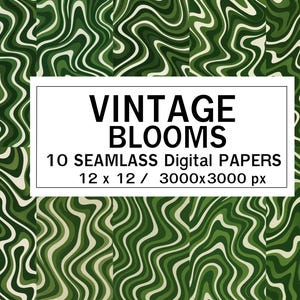 Vintage Blooms – 10 carte digitali senza soluzione di continuità verde foresta / Onde organiche retrò / 12x12" / JPG 300 DPI