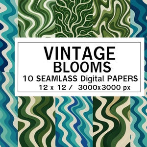 Vintage Blooms – 10 carte digitali senza soluzione di continuità con onde verdi e acquamarina retrò / 12x12" / 3000x3000 px / JPG