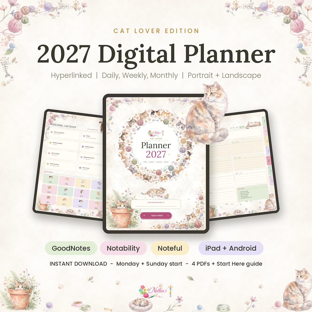 2027 Digital Planner, Cat Lover Hyperlinked Planner, Goodnotes iPad ...